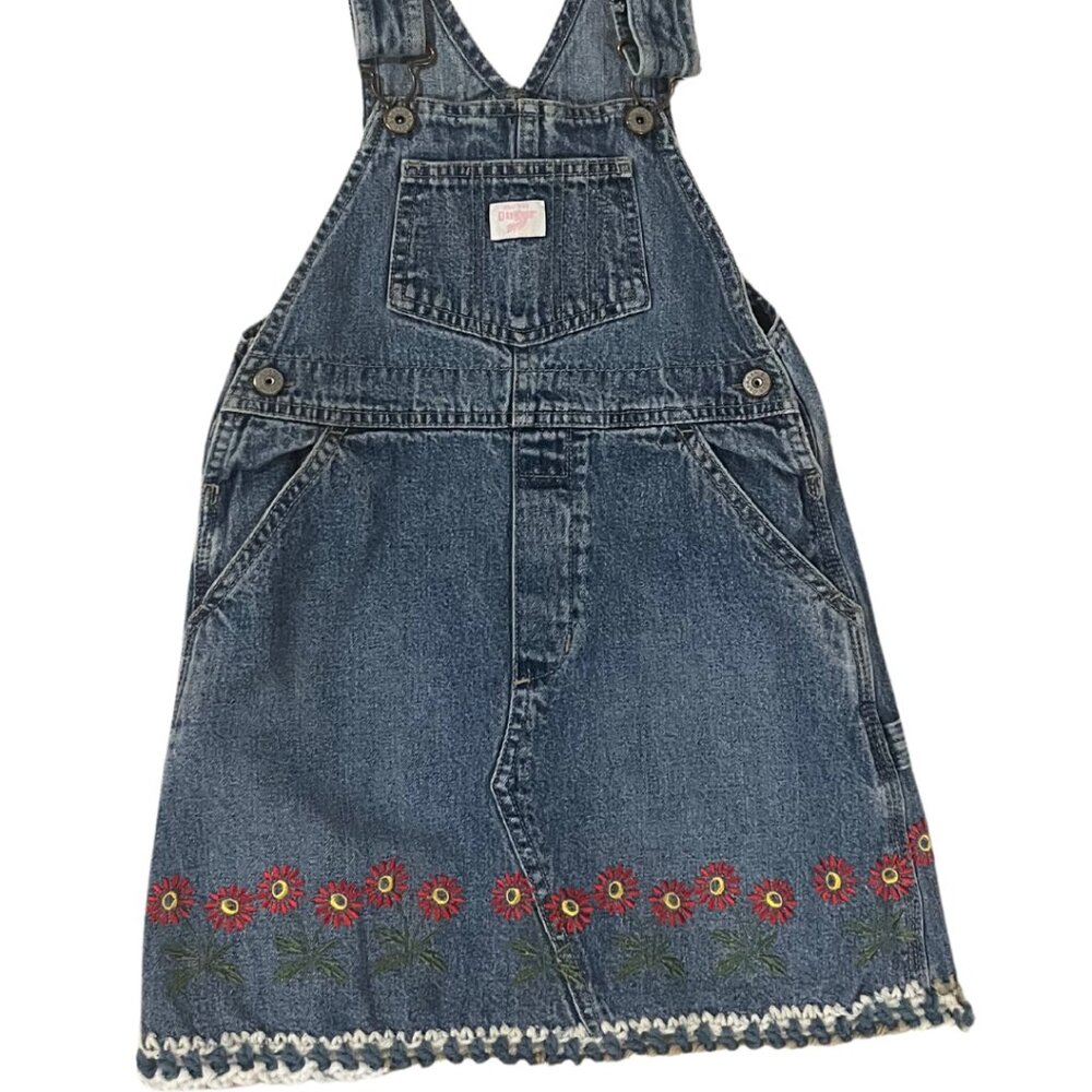 One-of-a-Kind Girls Embroidered Denim Overall Dress with crochet hem, Size 5